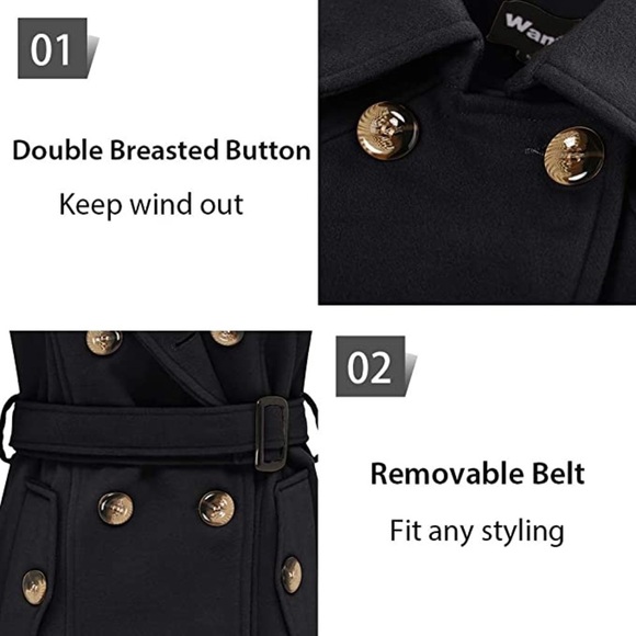 New Women's Double Breasted Trench Coat Pea Coat Winter Mid-Long with Belt - Picture 5 of 5